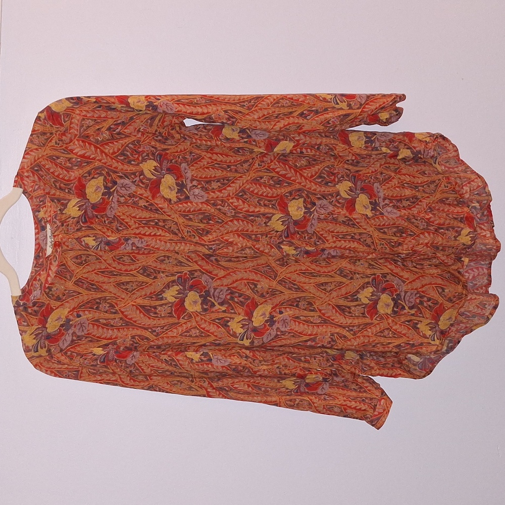 🧡 Lucky Brand Womens Red Orange Floral Long Sleeve Button Front Blouse Size M